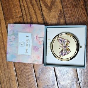 Monet Compact Double Mirror Gold Tone Glass Bead Butterfly